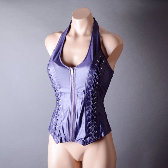 Purple Lace Up Elastic Halter Padded Bust Sexy Gothic Steampunk Corset Top Vest - Picture 3 of 6